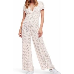 Free People Mia Jumpsuit Sz 4 White Orange Floral Wide Leg Picnic Cottage Spring